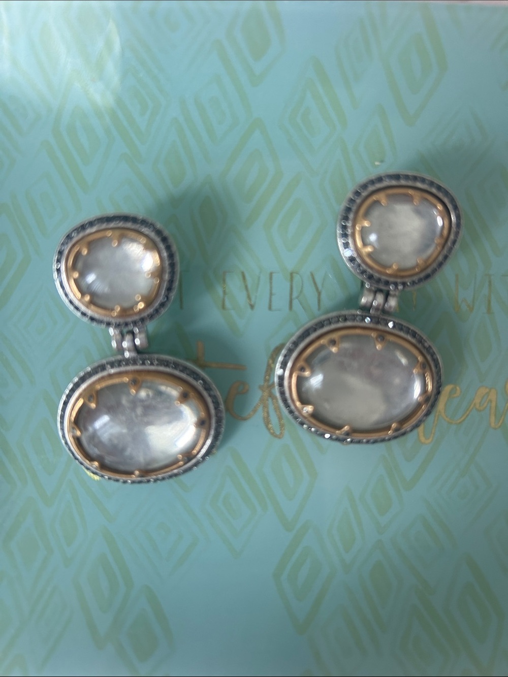 ZARA Two-Tone Gemstone Oval Dangle Drop Earrings Vintage Glam